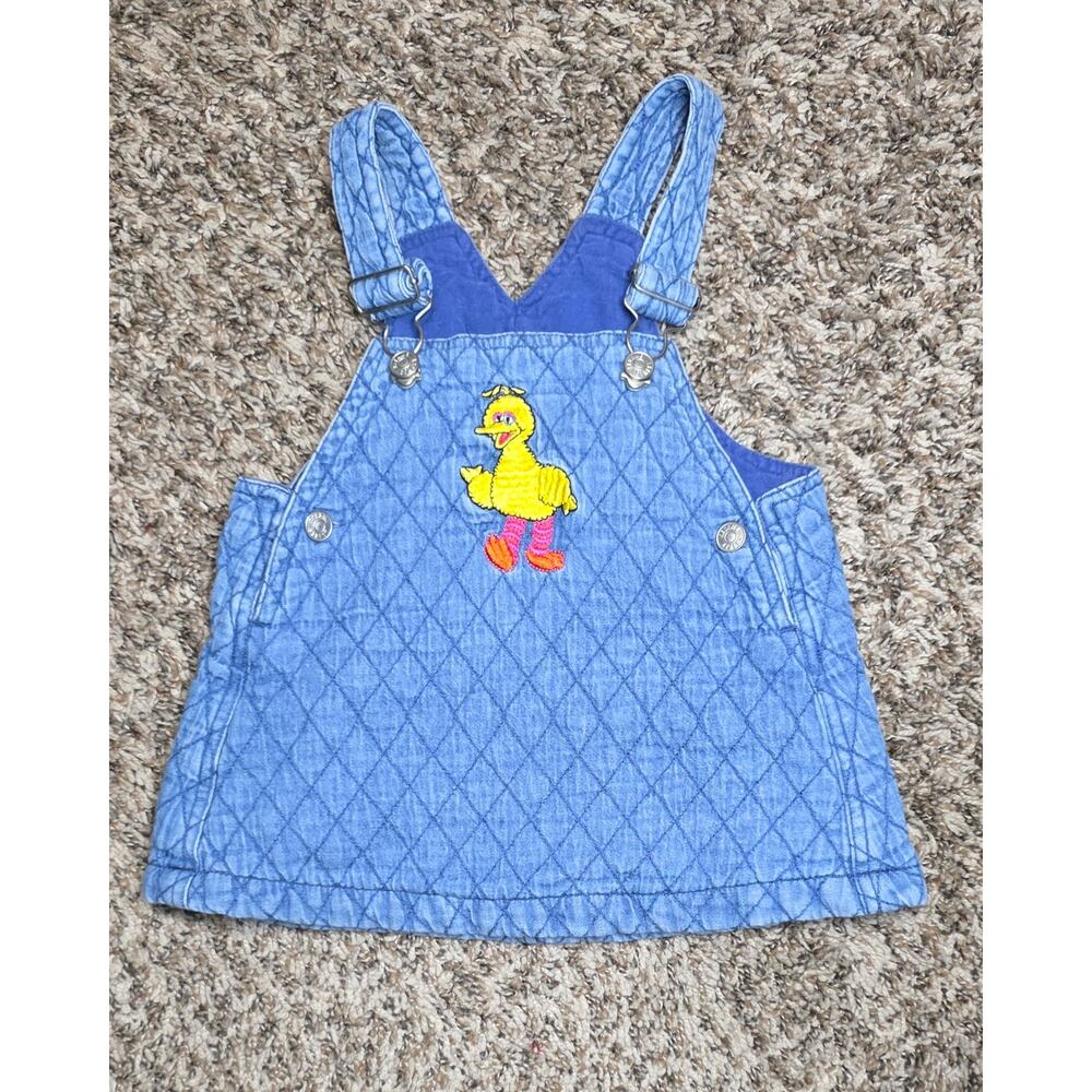 Vtg SESAME STREET Big Bird Diamond Quilted Lined Overall Dress Size 18 months